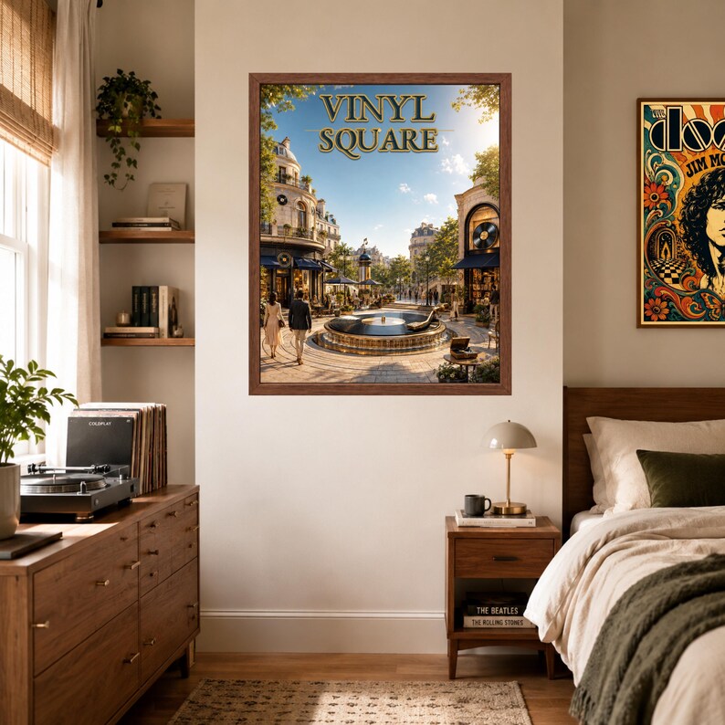 May include: A framed wall art print titled VINYL SQUARE featuring a sunny European-style plaza with a central fountain, surrounding buildings, and people walking. The scene includes a record player and vinyl records integrated into the architecture.