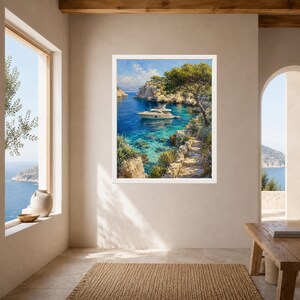 May include: A framed wall art print depicting a white yacht anchored in a clear blue Mediterranean cove. The scene features rocky cliffs, a stone pathway, and lush green trees under a bright sky with soft clouds, rendered in a painterly style.