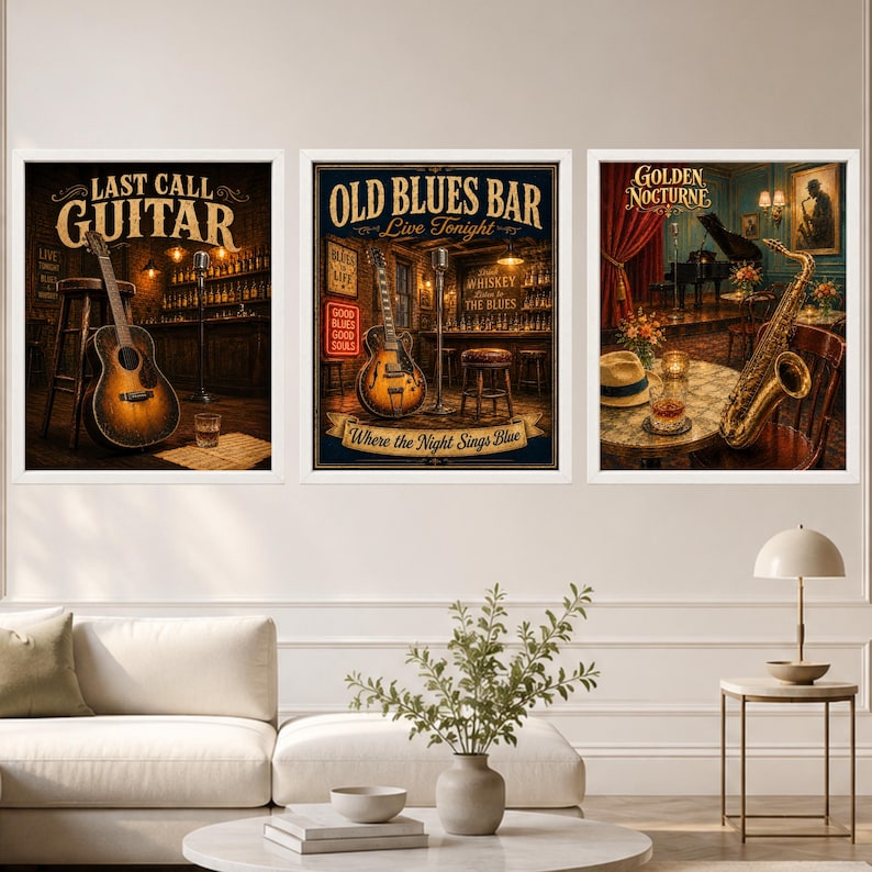 Op de afbeelding: Drie ingelijste wandplaten met muzikale thema's. De linkerplaat toont een gitaar en de tekst "LAST CALL GUITAR". De middelste plaat toont een gitaar en "OLD BLUES BAR". De rechterplaat toont een saxofoon en "GOLDEN NOCTURNE".