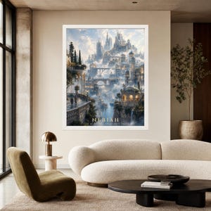 Pu&ograve; includere: Una stampa artistica da parete verticale incorniciata che raffigura una citt&agrave; fantastica intitolata NEBIAH City of Bridges Above the Clouds. L'opera presenta un'intricata architettura in pietra, ponti ad arco e torri immerse tra nuvole bianche.