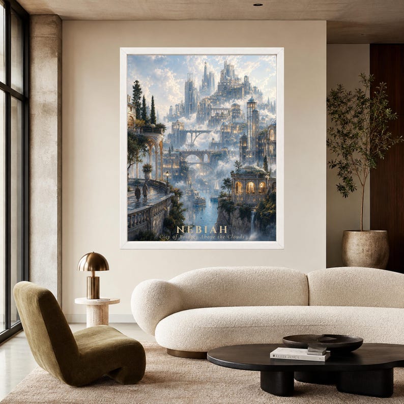 Pu&ograve; includere: Una stampa artistica da parete verticale incorniciata che raffigura una citt&agrave; fantastica intitolata NEBIAH City of Bridges Above the Clouds. L'opera presenta un'intricata architettura in pietra, ponti ad arco e torri immerse tra nuvole bianche.