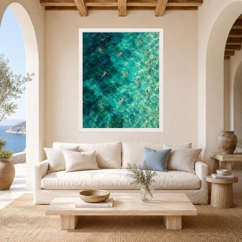 Aerial Ocean Swimmers Print, Turquoise Sea Pattern, Coastal Art (Digital Download) image 3