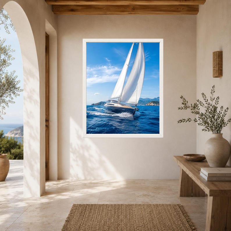 Op de afbeelding: Een ingelijste wandkunstprint met een zeilboot met witte zeilen die door diepblauw oceaanwater vaart onder een heldere, lichte lucht. Het vaartuig is in beweging vastgelegd, waardoor een kielzog ontstaat, met verre kustbergen op de achtergrond.