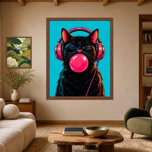 Kopfhörer mit schwarzer Katze im Kaugummi-Design, Pop-Art-Musikzimmer-Dekoration (Digitaler Download) Bild 7