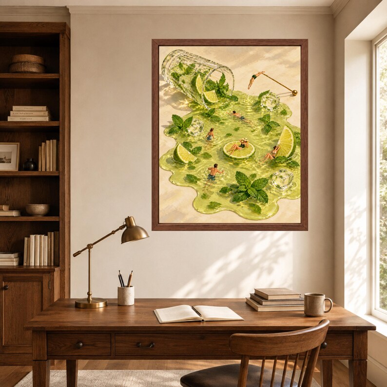 Stampa artistica surreale a tema mojito per piscina, cocktail lime e menta, decorazione per carrello bar (download digitale) immagine 6