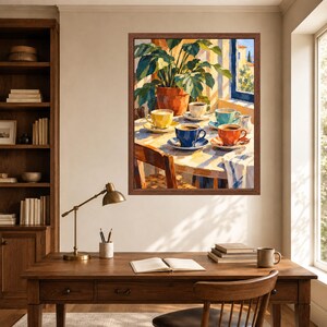 Mediterranean Coffee Cups Print, Colorful Kitchen Art, Painterly Café Scene (Digital Download) image 6