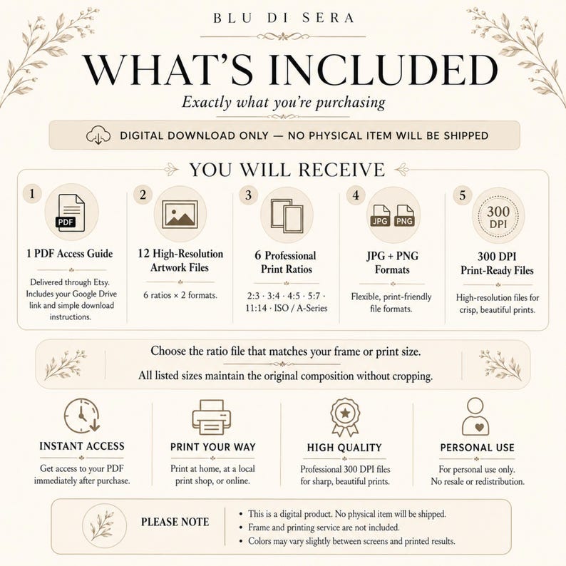 May include: An informational graphic titled BLU DI SERA WHAT'S INCLUDED, detailing a digital download purchase. It lists 1 PDF access guide, 12 high-resolution artwork files, 6 print ratios, JPG and PNG formats, and 300 DPI print-ready files.