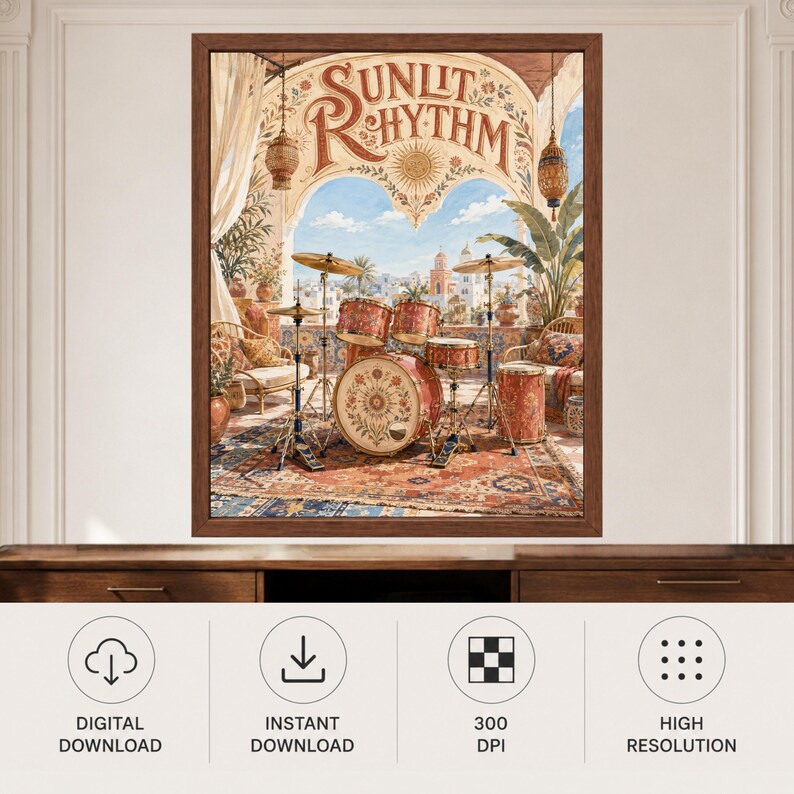 May include: A framed wall art print titled SUNLIT RHYTHM featuring a drum kit set on a patterned rug within an arched Mediterranean-style terrace. The scene includes hanging lanterns, potted plants, and a distant coastal town view under a blue sky.