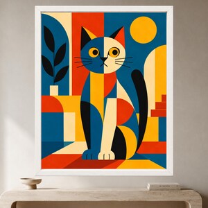Geometric Cat Print, Mid-Century Modern Bauhaus Animal Art (Digital Download) image 2