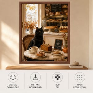 Pode incluir: Uma impress&atilde;o de arte emoldurada retratando um gato preto sentado numa cadeira a uma mesa de caf&eacute; de m&aacute;rmore. A mesa cont&eacute;m uma ch&aacute;vena com a etiqueta CAF&Eacute;, uma fatia de bolo, um rolo de canela e uma bolacha. Um quadro de giz lista p&atilde;o de ab&oacute;bora.