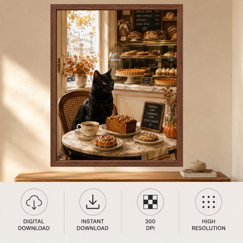 Pode incluir: Uma impress&atilde;o de arte emoldurada retratando um gato preto sentado numa cadeira a uma mesa de caf&eacute; de m&aacute;rmore. A mesa cont&eacute;m uma ch&aacute;vena com a etiqueta CAF&Eacute;, uma fatia de bolo, um rolo de canela e uma bolacha. Um quadro de giz lista p&atilde;o de ab&oacute;bora.