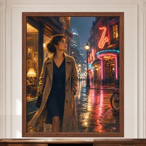 May include: A framed wall art print depicting a person in a tan trench coat and dark dress walking down a wet city street at night. The scene features glowing neon signs, including a large saxophone, street lamps, and reflections on the pavement.