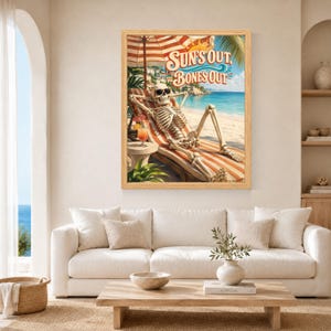 Funny Skeleton Beach Poster, Sun's Out Bones Out, Summer Vacation Art (Digital Download) image 3