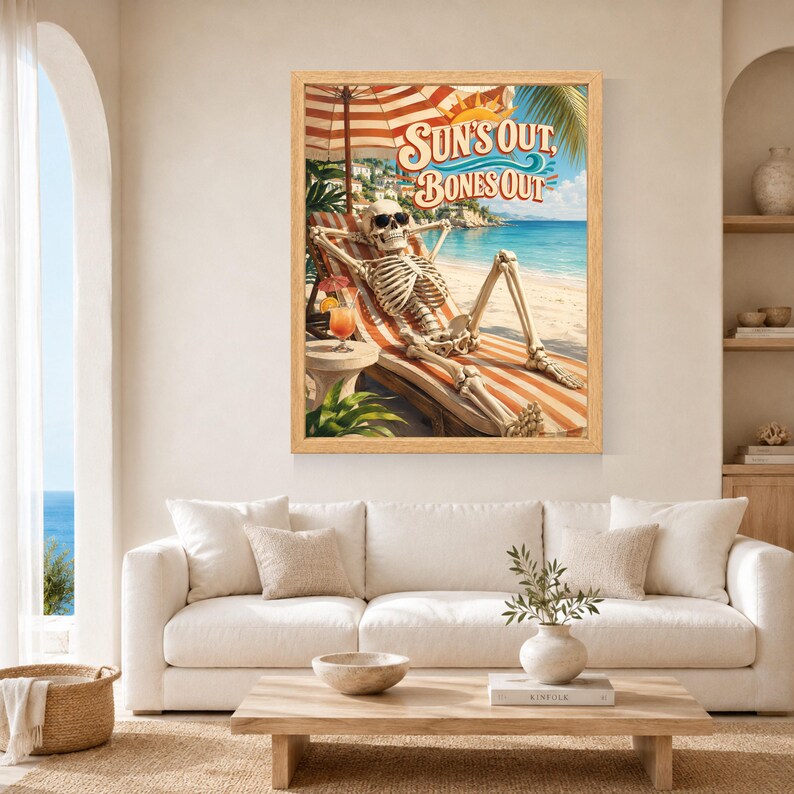 Funny Skeleton Beach Poster, Sun's Out Bones Out, Summer Vacation Art (Digital Download) image 3