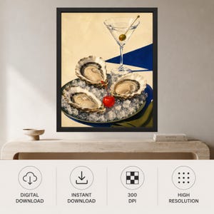 May include: A framed wall art print featuring three raw oysters served on a bed of crushed ice on a dark plate. A martini glass with a single green olive sits behind the oysters, and a bright red cherry rests among the ice on the plate.