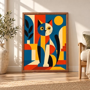 Framed geometric cat wall art featuring a colorful blue, yellow, red, cream and black cat surrounded by bold circles, arches, plant shapes and mid-century inspired geometry.