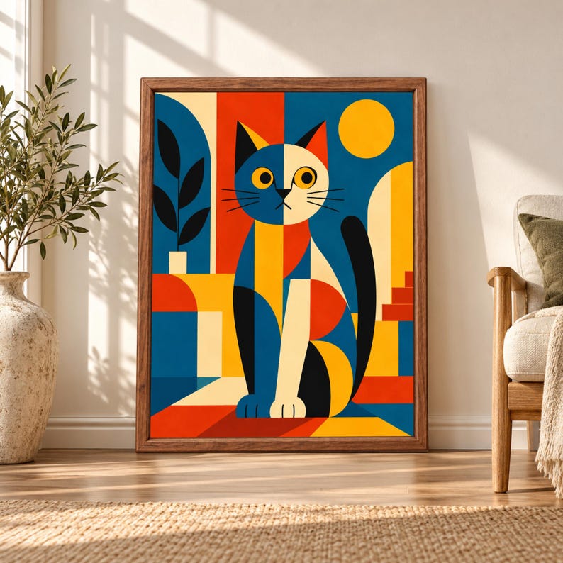 Framed geometric cat wall art featuring a colorful blue, yellow, red, cream and black cat surrounded by bold circles, arches, plant shapes and mid-century inspired geometry.