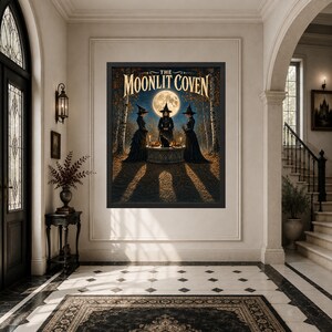 May include: A framed wall art print titled The Moonlit Coven, featuring three figures in black witch hats and robes standing around a stone altar with a black cat, set in a forest under a large full moon with golden light and autumn leaves.