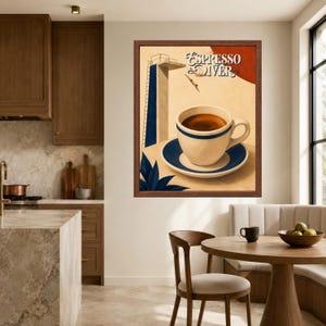 May include: A framed wall art print titled Espresso Diver featuring a cream-colored coffee cup on a matching saucer with blue trim. The background depicts a diving board and a diver against a cream and red backdrop, with dark blue leaves.
