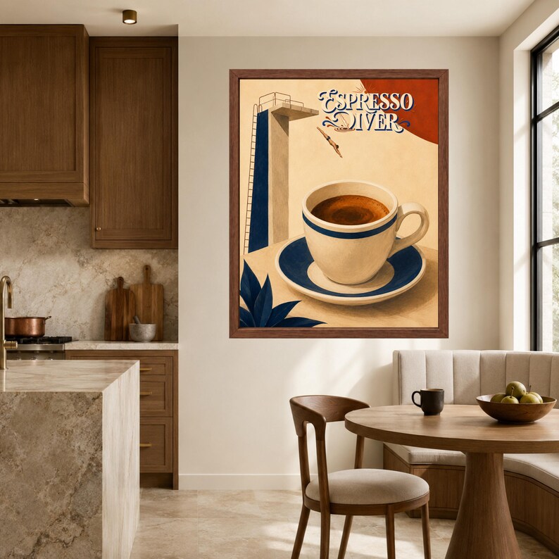 May include: A framed wall art print titled Espresso Diver featuring a cream-colored coffee cup on a matching saucer with blue trim. The background depicts a diving board and a diver against a cream and red backdrop, with dark blue leaves.