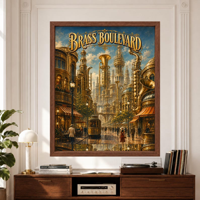 Framed Brass Boulevard fantasy music wall art featuring an ornate golden city filled with giant saxophones, tubas and brass instruments integrated into monumental architecture, with a vintage tram, cafés and pedestrians beneath a blue sky.