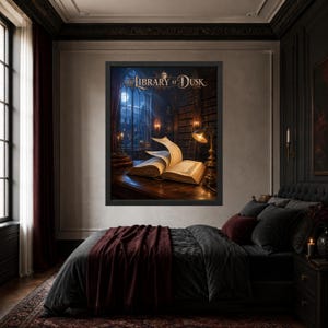 May include: A framed rectangular wall art print titled The Library at Dusk, depicting an open book on a wooden desk inside a dark library with tall bookshelves, a glowing desk lamp, and a large window showing a night sky with a full moon.