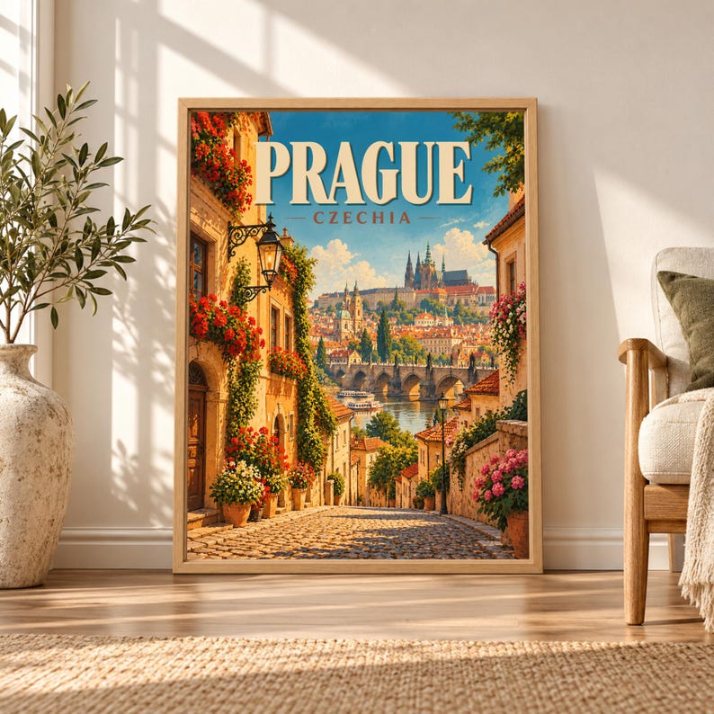 Framed Prague Czechia travel poster showing a flower-lined cobblestone street descending toward the Vltava River, Charles Bridge and Prague Castle beneath a bright blue sky.