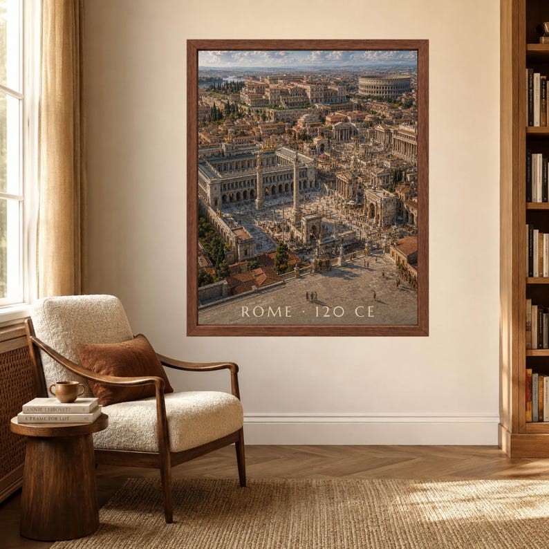 May include: A framed wall art print depicting an aerial view of ancient Rome with the text ROME 120 CE at the bottom. The image shows a detailed cityscape with stone buildings, columns, arches, and a large amphitheater in the distance.