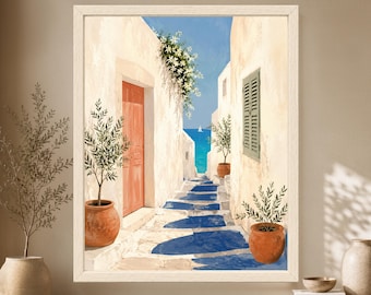 Stampa con motivo di vicolo mediterraneo, decorazione costiera di un'isola greca, ulivo e vista mare (download digitale)