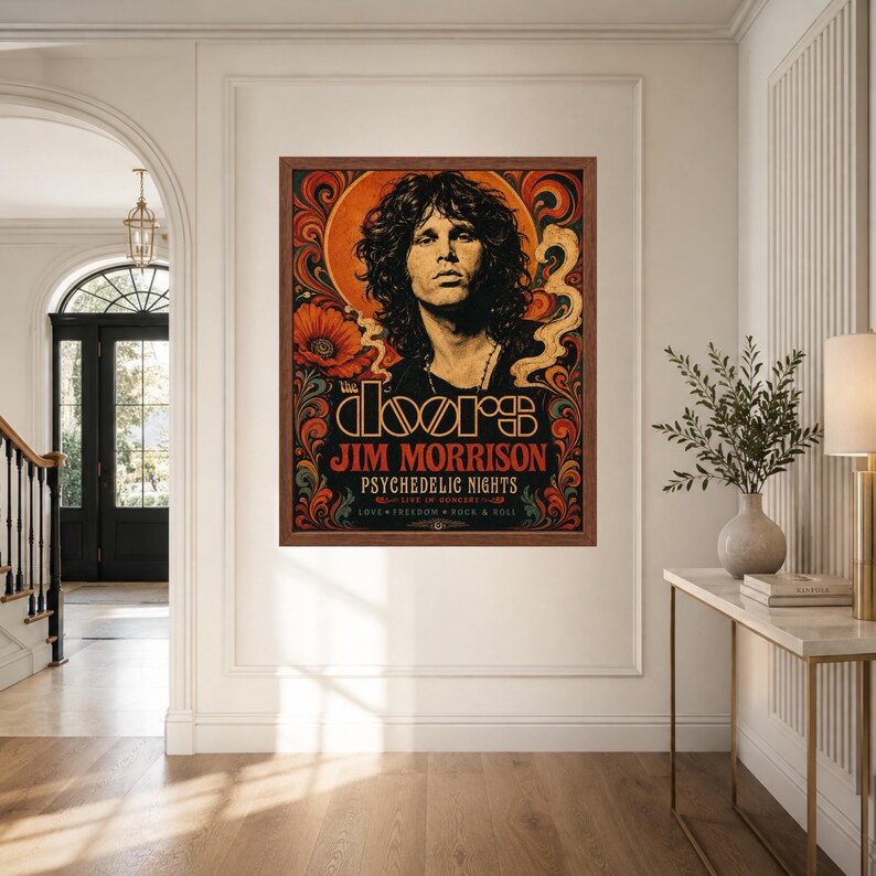 May include: A framed rectangular wall poster featuring a portrait of Jim Morrison with long dark hair. The artwork includes orange, red, and black swirling patterns, floral motifs, and text reading The Doors, Jim Morrison, and Psychedelic Nights.