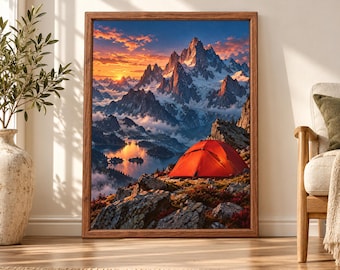 Alpine Sunset Camping Print, Red Tent Mountain Lake, Hiking Adventure Art (Digital Download)