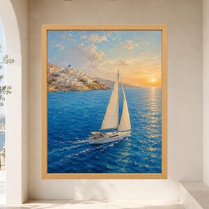 May include: A framed wall art print depicting a white sailboat navigating deep blue waters near a coastal town with white buildings and a blue dome. The scene is set during a golden sunset with a soft, cloudy sky reflecting light on the sea.
