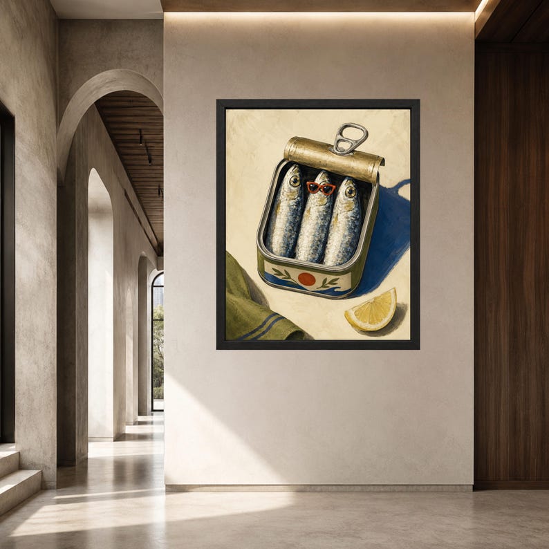 May include: A framed wall art print depicting an open metal tin of three sardines. The middle sardine wears small orange-rimmed glasses. A slice of yellow lemon sits beside the tin, and a folded green cloth with blue stripes is visible nearby.