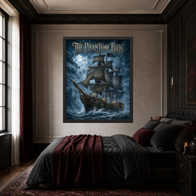 May include: A framed wall art print titled The Phantom Brig featuring a dark, weathered sailing ship navigating turbulent, deep blue ocean waves under a bright full moon and cloudy night sky, with glowing lights visible along the ship's deck.