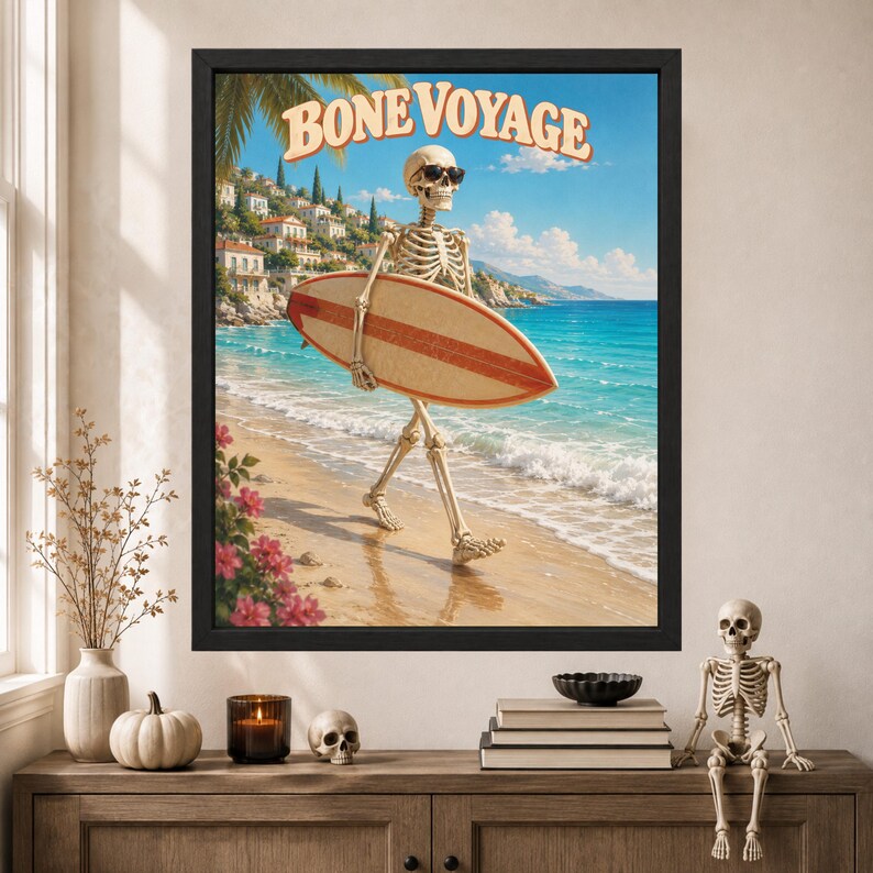 Funny Skeleton Surfer Poster, Retro Beach Art, Coastal Decor (Digital Download) image 8