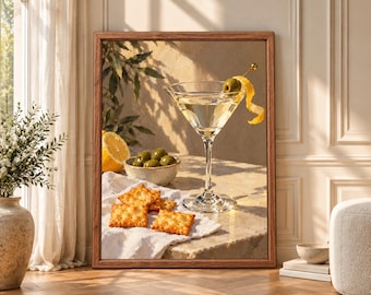 Martini Still Life Print, Olive Cocktail Art, Mediterranean Bar Decor (Digital Download)