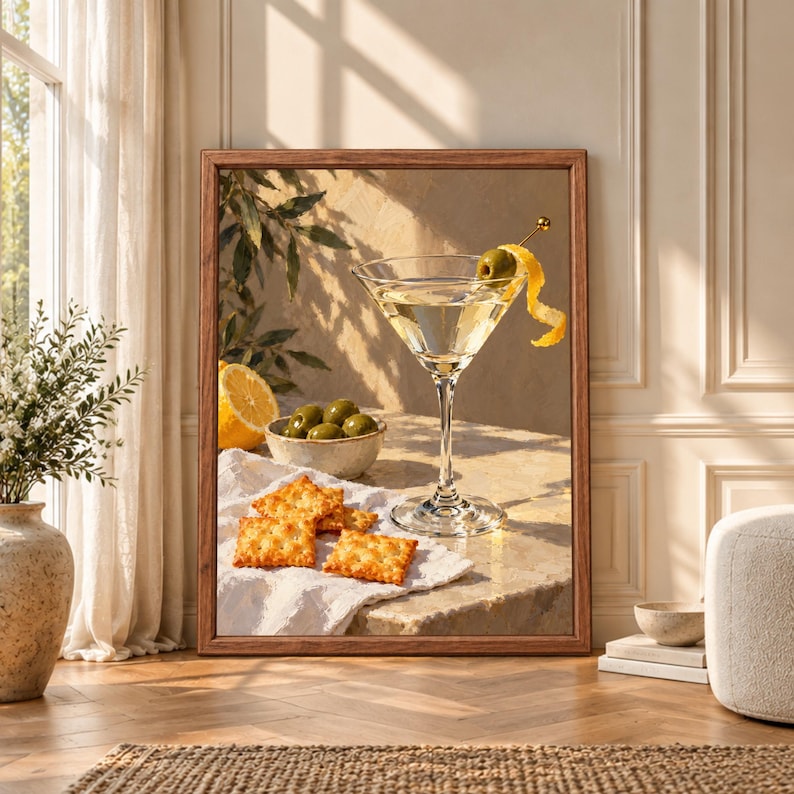 Framed martini wall art featuring a clear classic cocktail with green olive and lemon twist beside a bowl of olives, fresh lemon and golden crackers in warm Mediterranean sunlight.