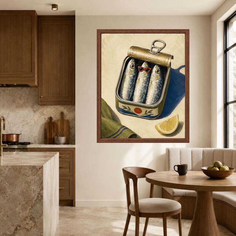May include: A framed wall art print depicting an open tin of three sardines, with the middle fish wearing small red-rimmed sunglasses. A slice of yellow lemon sits beside the tin, which features a decorative red circle and green leaf design.