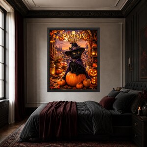 May include: A framed wall art print titled PUMPKIN SPELL featuring a black cat wearing a purple witch hat and cape, sitting atop a large orange pumpkin. The scene includes several smaller glowing jack-o'-lanterns, autumn leaves, and lanterns.