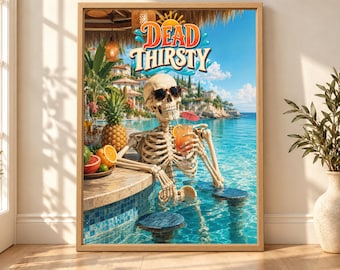 Funny Skeleton Pool Bar Poster, Tropical Vacation Print (Digital Download)