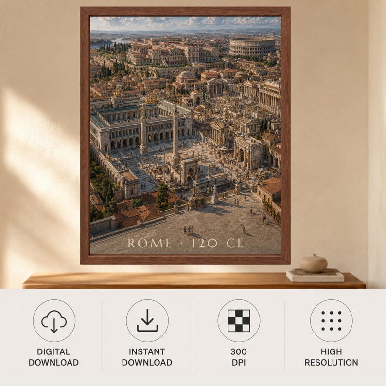 May include: A framed wall art print featuring an aerial view of ancient Rome in 120 CE, showcasing detailed stone architecture, columns, and the Colosseum. The text ROME 120 CE is printed in white at the bottom of the image within a brown wooden frame.