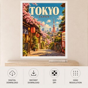 Tokyo Travel Poster, Cherry Blossom Street Scene, Japan City Art (Digital Download) image 11