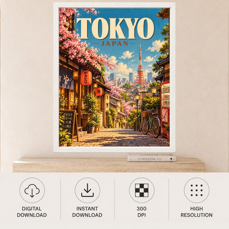 Tokyo Travel Poster, Cherry Blossom Street Scene, Japan City Art (Digital Download) image 11
