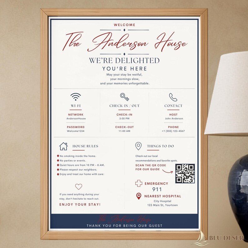 May include: A framed welcome sign for The Anderson House with red and dark blue text on a white background. It includes Wi-Fi details, check-in and check-out times, house rules, emergency contact information, and a QR code for local recommendations.