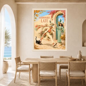 May include: A framed wall art print titled Fashionably Late, depicting a skeleton in a beige suit and hat running toward a woman in a green dress and pointed hat, with a black cat nearby, set against a Mediterranean-style building exterior.