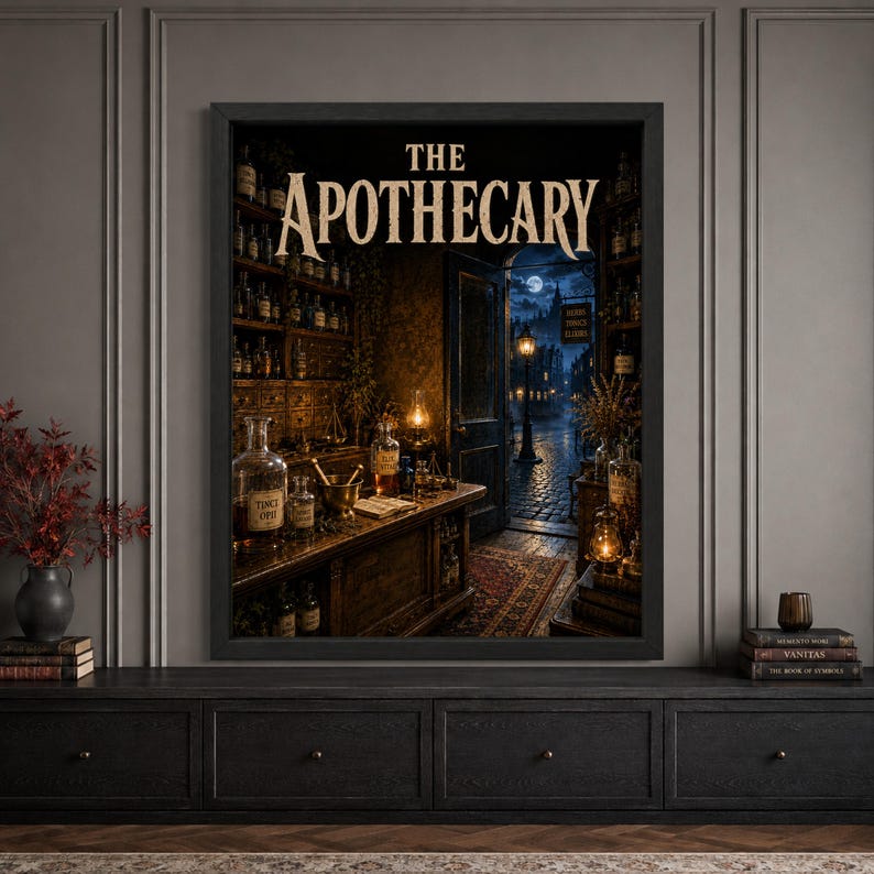 Framed Halloween apothecary wall art in a moody classic interior, featuring a vintage potion shop filled with glass bottles, herbs and warm lantern light, with a moonlit cobblestone street visible through an open door and large “The Apothecary” typography above.