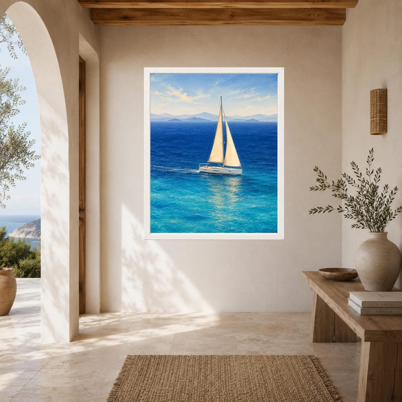 Peut inclure: Une impression d'art encadr&eacute;e repr&eacute;sentant un voilier aux voiles blanches naviguant sur des eaux oc&eacute;aniques bleu profond sous un ciel lumineux avec des nuages l&eacute;gers. La sc&egrave;ne inclut des montagnes lointaines &agrave; l'horizon.