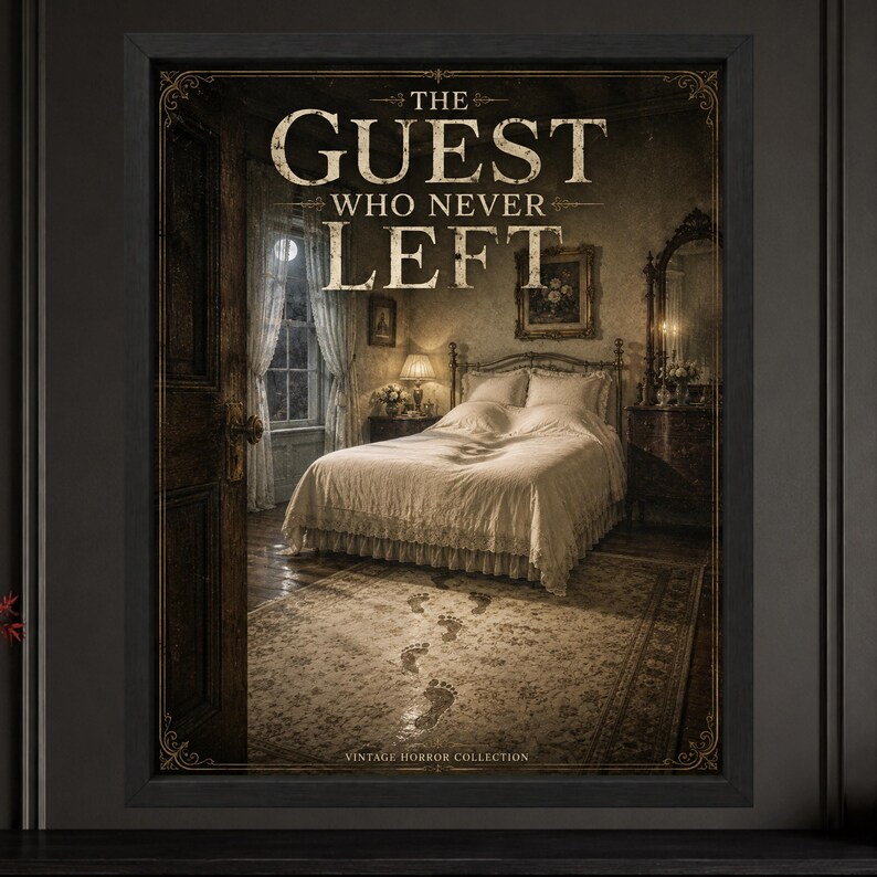 May include: A framed wall art print titled THE GUEST WHO NEVER LEFT, featuring a dimly lit bedroom with a bed, a window, and a trail of footprints on the rug. The scene is rendered in sepia tones with ornate border details and text at the bottom.
