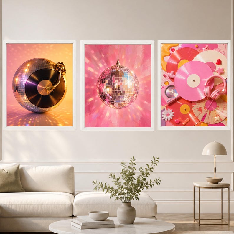 Pink Disco Ball Wall Art, Mirror Ball Poster, Retro Music Room Decor, Digital Download image 10
