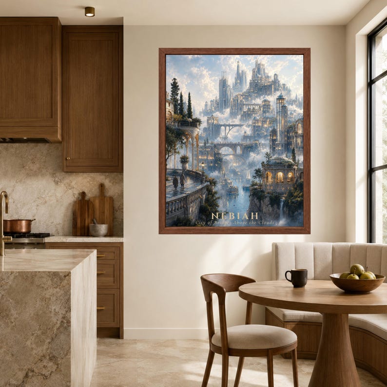 Pu&ograve; includere: Una stampa d'arte incorniciata raffigurante una citt&agrave; fantastica intitolata NEBIAH City of Bridges Above the Clouds. L'opera presenta alte torri in pietra, ponti ad arco e finestre luminose tra nuvole bianche e cielo blu, in una cornice marrone.